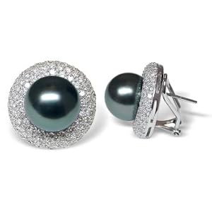 18K white gold Bernette Black Tahitian cultured pearl and diamond earring by