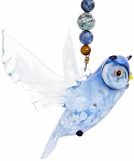 Handmade Horned Owl Glass Figurine Home and Yard Decor Ornament - With Sodalite and Tree Agate Beading and Swarovski Crystal Butterfly