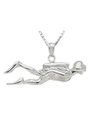 Solid 0.925 Sterling Silver Scuba Diver Diving Charm Frogmen Pendant Necklace