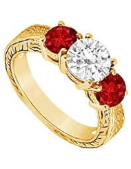 Three Stone Ruby and Diamond Ring 14K Yellow Gold - 1.25 CT TGW
