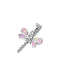 Sterling Silver Womens Pink Fire Opal White CZ Dragonfly Pendant Cute Charm 20mm (Pendant ONLY)