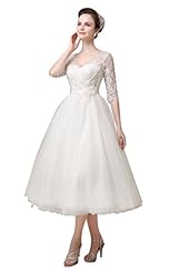 Tea Length Tulle Empire   Waistline Beaded Lace-Up Elbow Length Sleeves Wedding Dress 