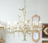 COUNTRY metal CHANDELIER antique white BIRDS electric
