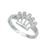 .925 Sterling Silver Crown Toe Ring With CZ Stones