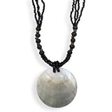18 Inch 4 Strand Black Seed Bead Necklace with Wood Beads and Shell Pendant