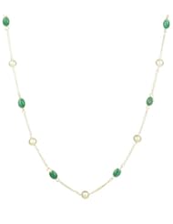 Sterling Silver Chain, Freshwater Pearl and 6 Station Green Onyx Cabochon Necklace