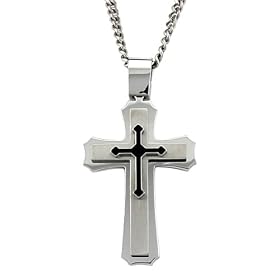Stainless Steel Men's Cross Pendant with 24 Inch Curb Chain