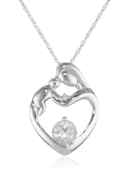 XPY 10k White Gold, Gemstone, and Diamond Accent Mother and Child Heart Pendant Necklace, 18"