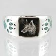 Southwestern Style Three Dimensional Wolf Head Ring in Sterling Silver with Turquoise Chip Inlay Wolf Paw Prints for Men or Women, Sizes 5, 6, 7, 8, 9, 10, 11, 12, 13, 14, and 15, #11874