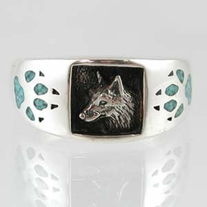 Southwestern Style Three Dimensional Wolf Head Ring in Sterling Silver with Turquoise Chip Inlay Wolf Paw Prints for Men or Women, Sizes 5, 6, 7, 8, 9, 10, 11, 12, 13, 14, and 15, #11874