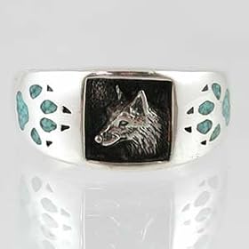 Sterling Silver Wolf Head Ring with Inlaid Turquoise Wolf Paws, #11874 by taostrading.com Rings