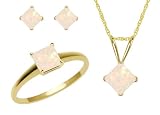 10k Yellow Gold, October Birthstone, Synthetic Opal Ring, Pendant and Earring Set, Ring Size 7