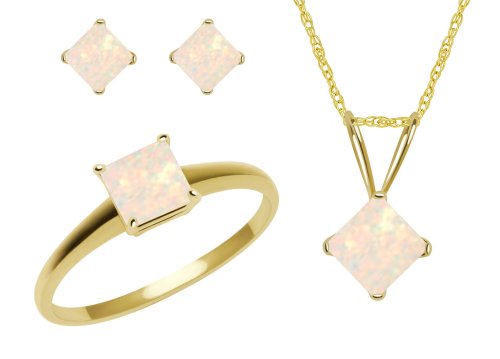 10k Yellow Gold, October Birthstone, Synthetic Opal Ring, Pendant and Earrings Set, Ring, Size 7