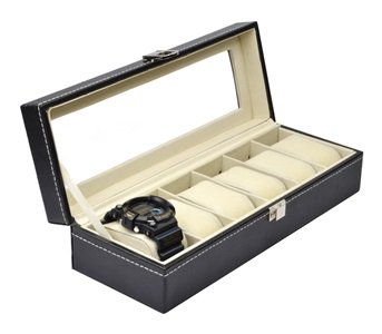 KLOUD CityÂ® Black rectangle leather watch box holder for 6 watches with removable pillows and clearance top window