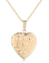 14k Yellow Gold Filled Engraved Flowers Heart Locket, 18"