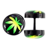 Screw On Cheater Plugs - Andondized Black Titanium with Plant Design Fake Plug - Fashion Earrings