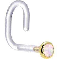 18 Gauge 1/4" Yellow Gold 2mm Light Pink Synthetic Opal Bioplast Nose Ring