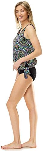 (RG2113) Riviera Swimwear Women's Plus Size Side Tie Tankini Swimsuit Top (8-24W) in Multi/Black Size: 12