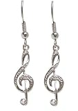 Silver Treble G Clef Music Note Dangle Earrings with Crystal accents