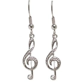 Click here to buy Silver Treble G Clef Music Note Dangle Earrings with Crystal accents by Sheer Delights Dancewear.