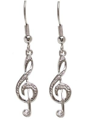 Silver Treble G Clef Music Note Dangle Earrings with Crystal accents