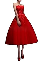 Strapless Lace-Up Applique Tea Length  Satin/Tulle  Ball Gown Prom Dress/Party Dress  With a Ribbon 