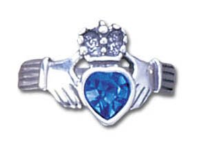 Solid Sterling Silver Blue Crystal Claddagh Ring