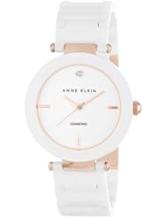 Anne Klein Womens AK/1018RGWT  Diamond Dial Rose Gold-Tone White Ceramic Bracelet Watch