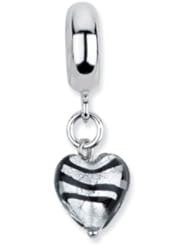 Sterling Silver Grey w/Blk Stripe Heart Italian Murano Dangle Charm