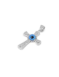 Sterling Silver Evil Eye Cross Aquamarine Pendant Faith Charm Pure 925 New 28mm (Pendant ONLY)