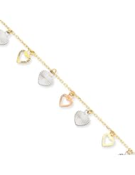 14k Gold Tri-Color Adjustable Heart Anklet, 9 inch