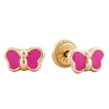 14k Yellow Gold Pink Butterfly Enamel Baby Earrings