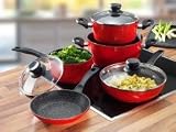 Produkt-Bild: STONELINE &reg; Aluminium 8-teiliges Kochtopf Set in Rot bestehend aus Kocht&ouml;pfen, Stielkasserolle, Schmorpfanne, Durchmesser 18 cm, 20 cm und 24 cm, mit Glasdeckel und hochwertiger Antihaftbeschichtung, auch f&uuml;r Induktion