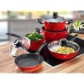STONELINE � Aluminium 8-teiliges Kochtopf Set in Rot bestehend aus Kocht�pfen, Stielkasserolle, Schmorpfanne, Durchmesser 18 cm, 20 cm und 24 cm, mit Glasdeckel und hochwertiger Antihaftbeschichtung, auch f�r Induktion