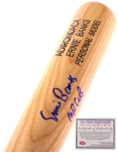 Ernie Banks Chicago Cubs Hand Signed Adirondack Blonde Bat with Mr Cub Inscription