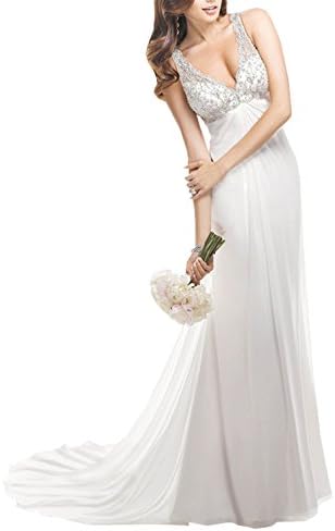 Harshori Womens Lace Deep V Neck Chiffon Sleeveless Beach Wedding Dress 6 Ivory