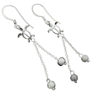 Sterling Silver Turtle & Balls Dangle Earrings--Hawaiian Silver Jewelry