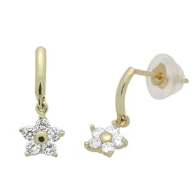 14K Gold Stud Earring White CZ Cluster Drop Yellow Gold Earring With Screw-Back For Kids & Teens