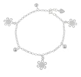 Sterling Silver Large Flower and Jingle Ball Anklet