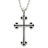 Sterling Silver 1 1/2" Gothic Black Onyx Cross Necklace with Budded Ends on 22" Chain