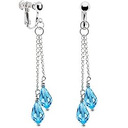 Handcrafted Austrian Aqua Crystal Droplet Chain Clip Earrings