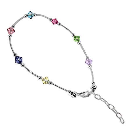 bda004 Made with Swarovski Elements® Multicolor Crystal .925 Sterling Silver Anklet 9 9.5 10 Length Adjustable Ankle Bracelet