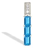 14K White Gold Genuine Emerald-cut Blue Topaz and Diamond 3-Stone Pendant