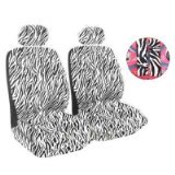 7 Piece Safari Animal Print Auto Interior Gift Set - 2 Zebra Low Back Front Bucket Seat Covers, 2 Separate Headrest Covers, 1 Zebra Steering Wheel Cover, and 2 Zebra Shoulder Harness Pressure Relief Cover