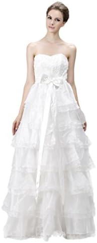 Bridal Mall Women's Applique Scalloped Neckline Ruffles Wedding Dress Sash White 4