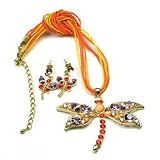 Orange Light Purple Color Austrian Rhinestone Dragonfly Necklace Set