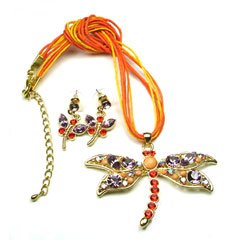 Orange Light Purple Color Austrian Rhinestone Dragonfly Necklace Set