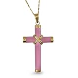 9ct Yellow Gold Pink Jade Cross on an 18inch Prince of Wales Chain
