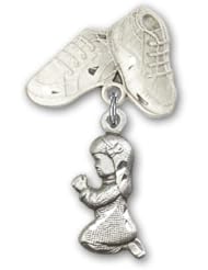 Sterling Silver Baby Badge with Praying Girl Charm and Baby Boots Pin