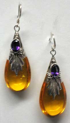 Amber Drop With Amethyst Earrings